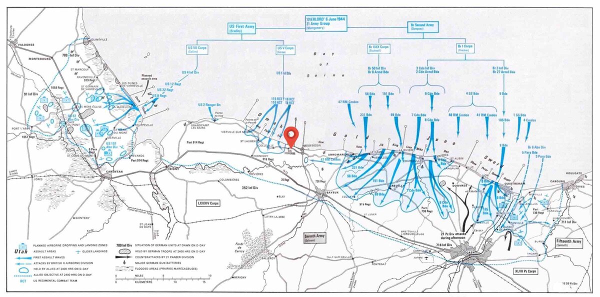 Map of the Normandy landings of 6 June 1944 (Operation Overlord) showing the five beaches Utah, Omaha, Gold, Juno and Sword, with the location of the Les Rabouillères house in Aure-sur-Mer between Omaha Beach and Gold Beach